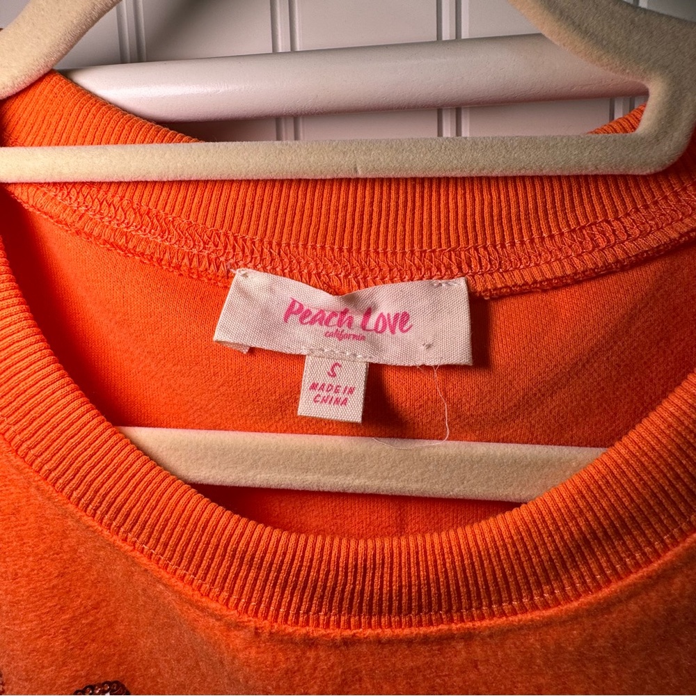 Peach Love Oversized Orange Sweatshirt with white sequin Ghosts size S EUC - Picture 5 of 8